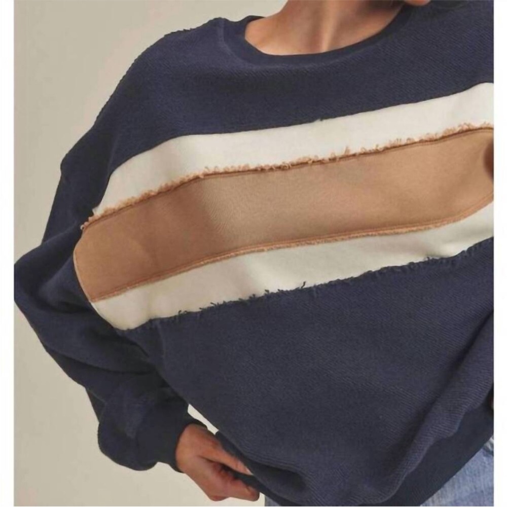 Aemi+Co Women's Navy Stripe Crewneck with Tan and Cream Bands - Picture 2 of 7